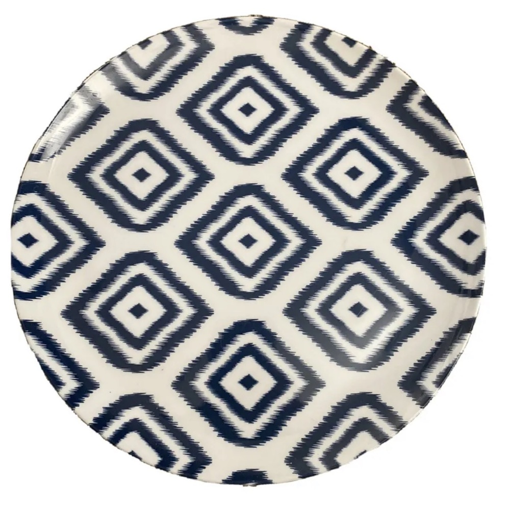 Jonathon Adler 11” Melamine Dinner chop Plate platter Blue White diamond pattern